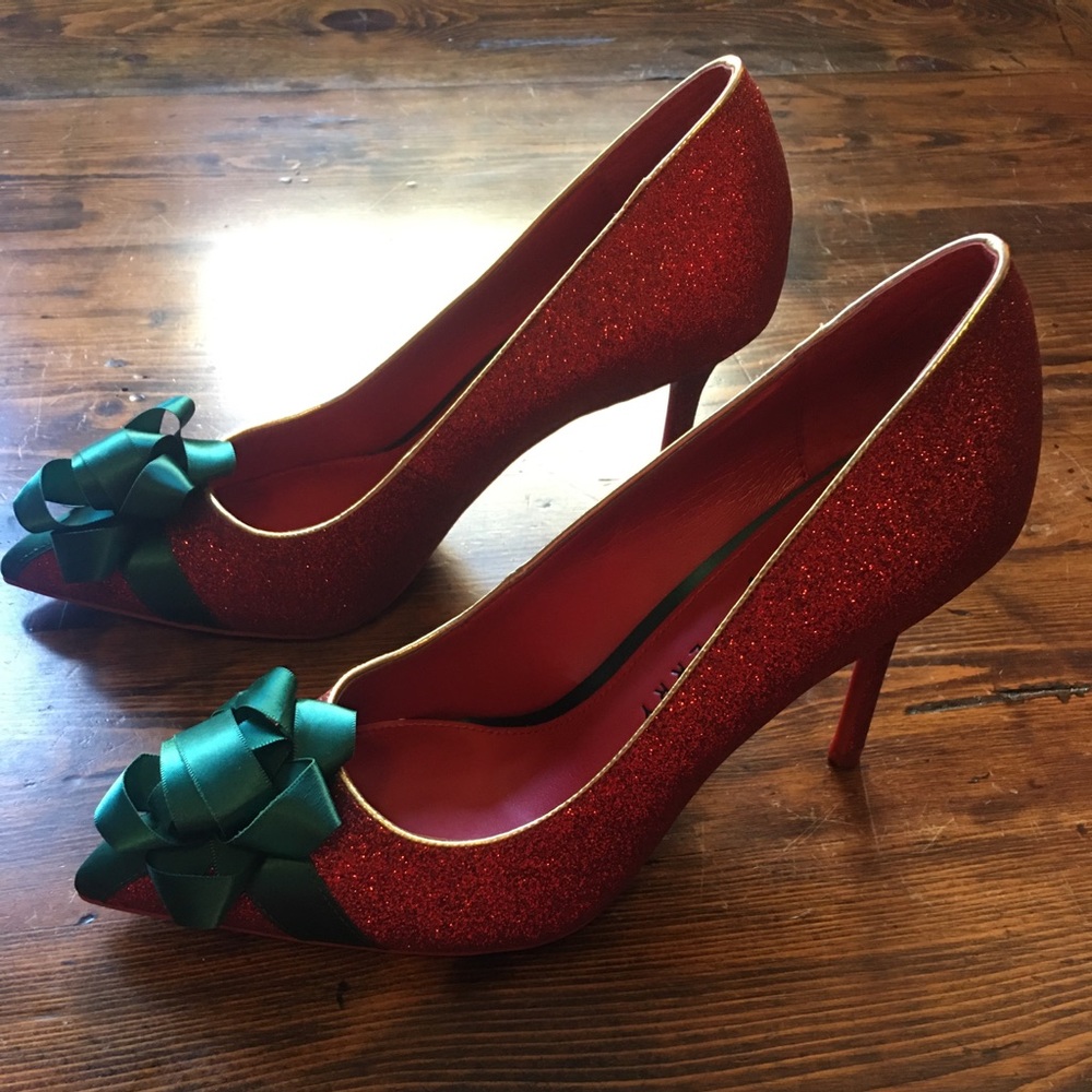 Katy Perry red glitter heels with green bow size 9